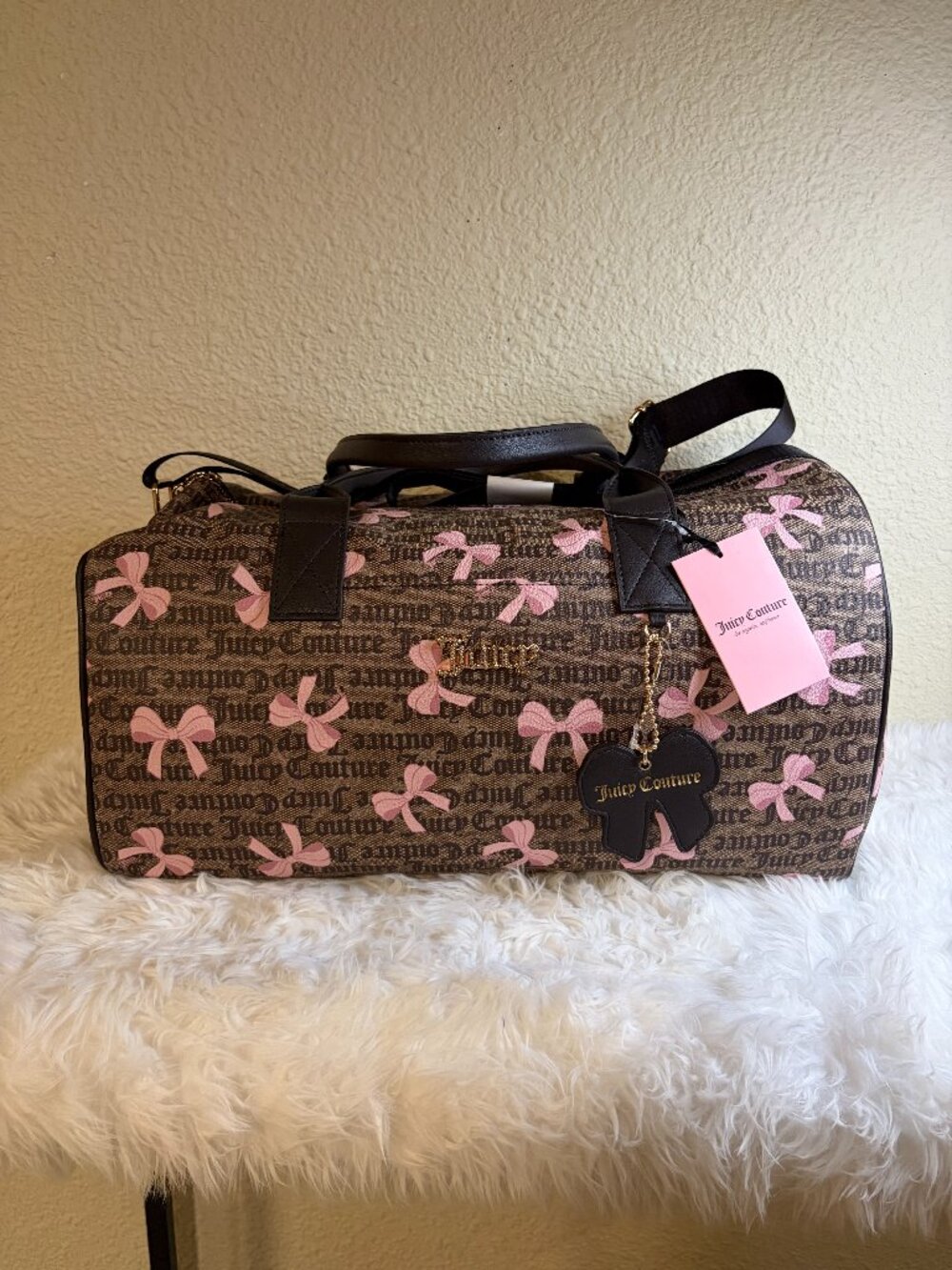 Juicy Couture Simply Sweet Weekender Duffel Bag Brown Pink Bow Charm NWT